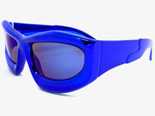 Oversized Modern Futuristic Biker Sporty Wrap SUNGLASSES Thick Blue Chrome Frame 80621