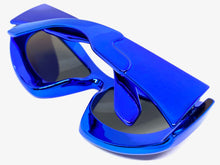 Oversized Modern Futuristic Biker Sporty Wrap SUNGLASSES Thick Blue Chrome Frame 80621