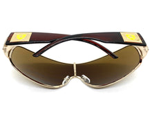 Classic Contemporary Modern Wrap Shield Style SUNGLASSES Sleek Gold & Brown Frame 3410