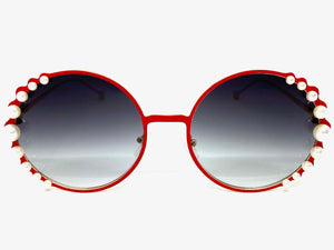 Exaggerated Classic Vintage Retro Style SUNGLASSES Round Red & Gold Frame 8625