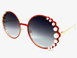 Exaggerated Classic Vintage Retro Style SUNGLASSES Round Red & Gold Frame 8625