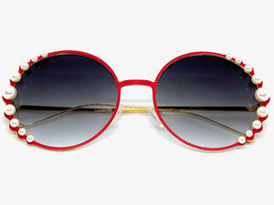 Exaggerated Classic Vintage Retro Style SUNGLASSES Round Red & Gold Frame 8625