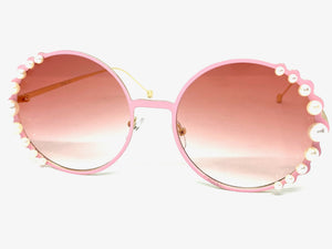 Exaggerated Classic Vintage Retro Style SUNGLASSES Round Pink & Gold Frame 8625