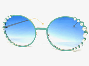 Exaggerated Classic Vintage Retro Style SUNGLASSES Round Blue & Gold Frame 8625