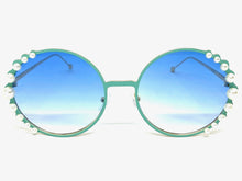 Exaggerated Classic Vintage Retro Style SUNGLASSES Round Blue & Gold Frame 8625