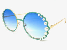 Exaggerated Classic Vintage Retro Style SUNGLASSES Round Blue & Gold Frame 8625