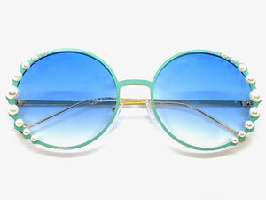 Exaggerated Classic Vintage Retro Style SUNGLASSES Round Blue & Gold Frame 8625