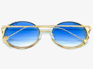 Exaggerated Classic Vintage Retro Style SUNGLASSES Round Blue & Gold Frame 8625