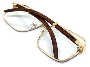 Classy Elegant Retro Luxury Aviator Style Clear Lens EYEGLASSES Rose Gold & Wooden Frame 2691