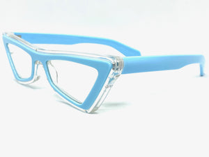 Classy Elegant Modern Retro Cat Eye Style Clear Lens with Slight Tint SUNGLASSES Baby Blue Frame E1997