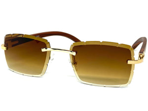 Classy Elegant Luxury Designer Hip Hop Style SUNGLASSES Rimless Gold & Wooden Frame 7538