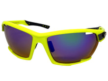 Classic Sporty Wrap Around Style SUNGLASSES Large Neon Yellow Frame - Blue Green Lens 2745