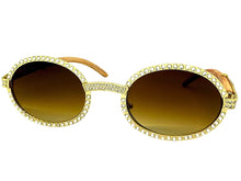 Classy Elegant Luxury Modern Hip Hop Style Bling SUNGLASSES Large Oval Gold & Faux Wooden Frame E0652