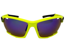 Classic Sporty Wrap Around Style SUNGLASSES Large Neon Yellow Frame - Blue Green Lens 2745