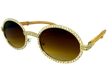 Classy Elegant Luxury Modern Hip Hop Style Bling SUNGLASSES Large Oval Gold & Faux Wooden Frame E0652