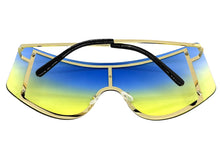 Oversized Exaggerated Vintage Retro Shield Style SUNGLASSES X-Large Gold Frame - Blue Lens 96313