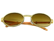 Classy Elegant Luxury Modern Hip Hop Style Bling SUNGLASSES Large Oval Gold & Faux Wooden Frame E0651