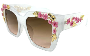 Classic Elegant Vintage Retro Style SUNGLASSES Square Clear White Floral Frame 96540