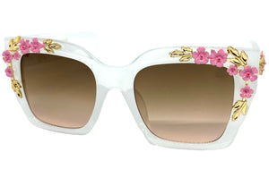 Classic Elegant Vintage Retro Style SUNGLASSES Square Clear White Floral Frame 96540