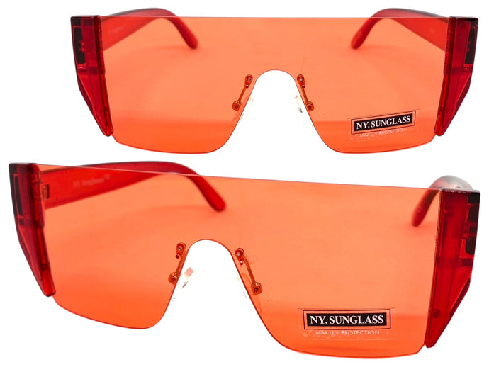 Sleek Modern Retro Shield Style SUNGLASSES Red Rimless Frame 6790