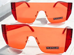 Sleek Modern Retro Shield Style SUNGLASSES Red Rimless Frame 6790