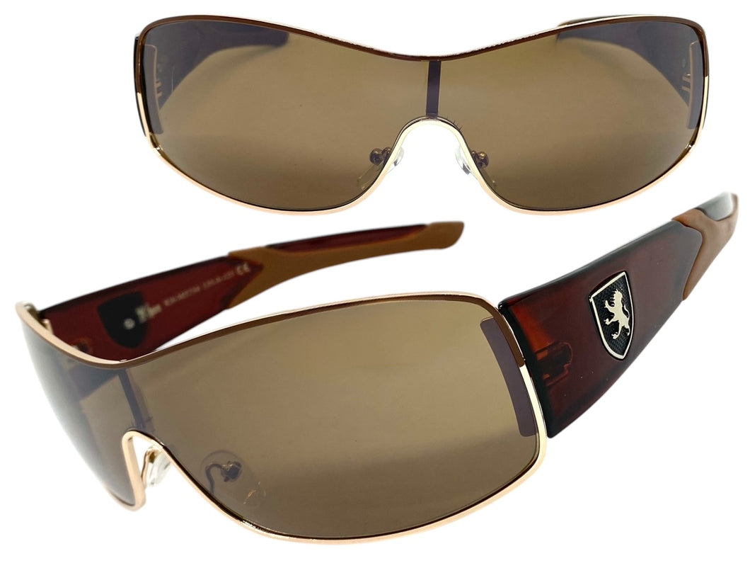 Classic Contemporary Modern Wrap Style SUNGLASSES Sleek Gold & Brown Frame 3734