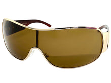 Classic Contemporary Modern Wrap Shield Style SUNGLASSES Sleek Gold & Brown Frame 3410