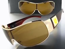 Classic Contemporary Modern Wrap Shield Style SUNGLASSES Sleek Gold & Brown Frame 3410