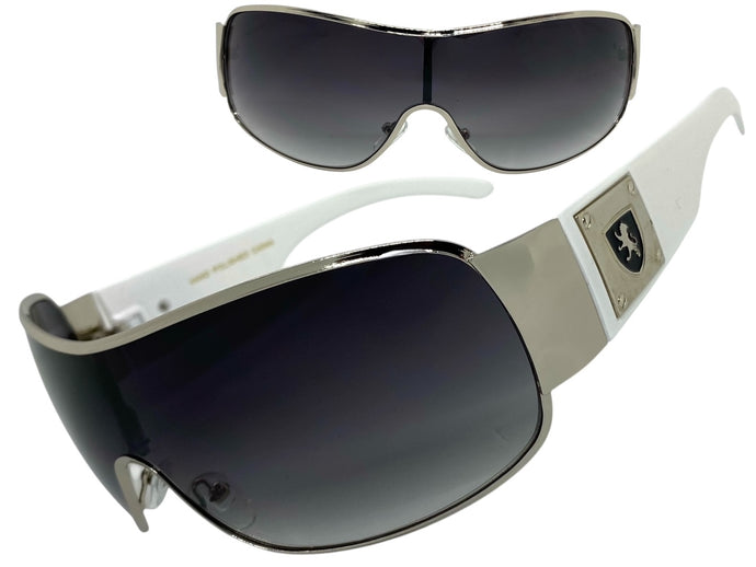 Classic Contemporary Modern Wrap Shield Style SUNGLASSES Sleek Silver & White Frame 3410