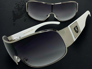 Classic Contemporary Modern Wrap Shield Style SUNGLASSES Sleek Silver & White Frame 3410