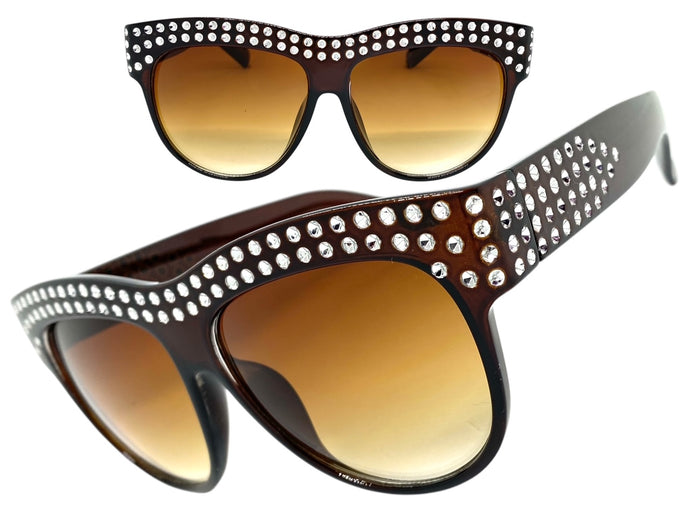 Oversized Luxurious Vintage Retro Style SUNGLASSES Large Bling Brown Frame E1290