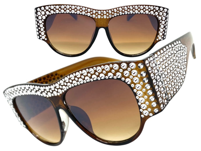 Oversized Luxurious Vintage Retro Style SUNGLASSES Large Thick Bling Brown Frame E1349