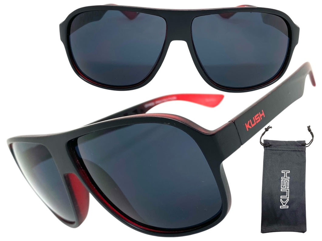 Classic Modern Retro Sporty Style KUSH SUNGLASSES Large Matte Black & Red Frame 7767