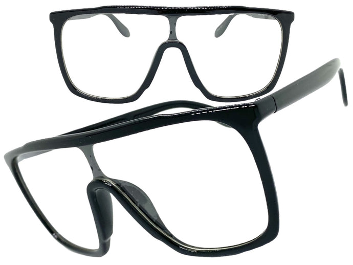 Oversized Modern Retro Shield Style Clear Lens EYEGLASSES Large Black Frame 8726