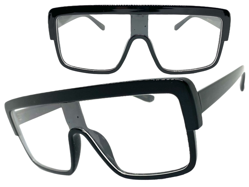 Oversized Modern Retro Shield Style Clear Lens EYEGLASSES Large Black Frame 6325