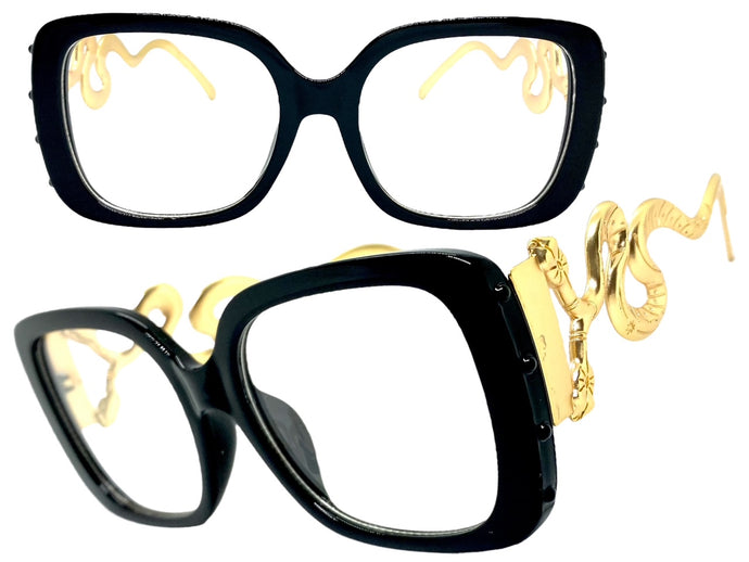 Oversized Vintage Retro Style Clear Lens EYEGLASSES Large Square Black & Gold Frame 3019