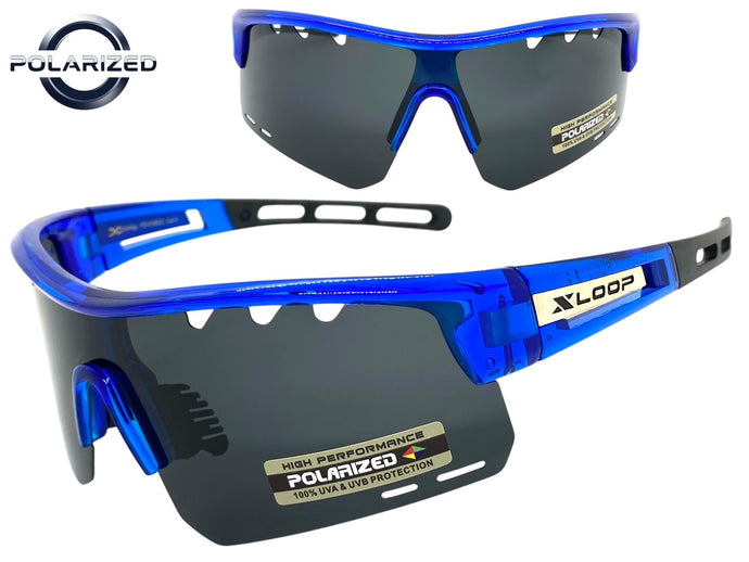 Oversized Sporty Wrap Around POLARIZED Lens SUNGLASSES Large Blue Frame 3652