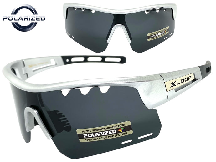 Oversized Sporty Wrap Around POLARIZED Lens SUNGLASSES Large Silver Frame 3652