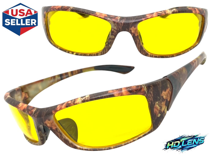 Classic Sporty Wrap Around HD Yellow Lens SUNGLASSES Brown Camouflage Frame 2257