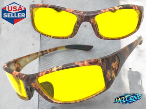 Classic Sporty Wrap Around HD Yellow Lens SUNGLASSES Brown Camouflage Frame 2257