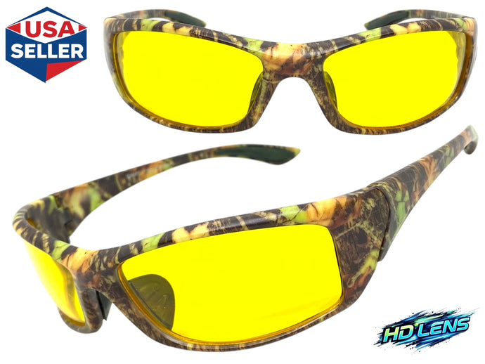 Classic Sporty Wrap Around HD Yellow Lens SUNGLASSES Brown Camouflage Frame 2257