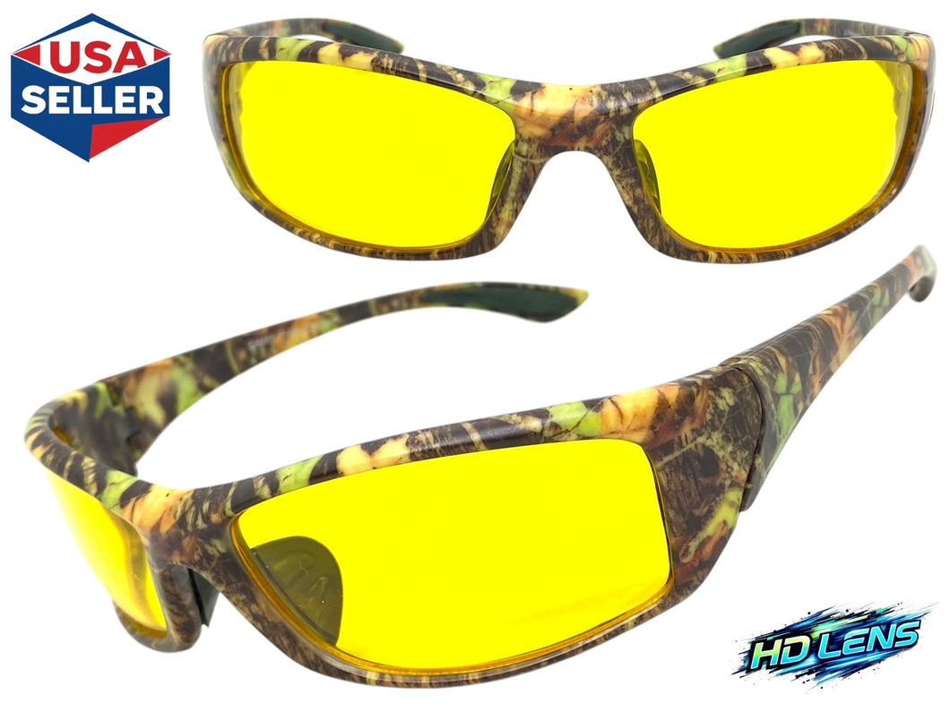 Classic Sporty Wrap Around HD Yellow Lens SUNGLASSES Brown Camouflage Frame 2257