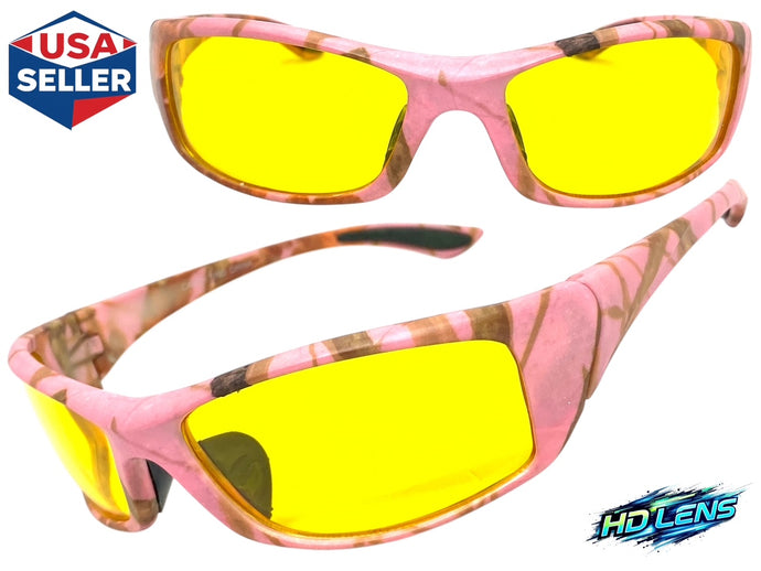 Classic Sporty Wrap Around HD Yellow Lens SUNGLASSES Pink Camouflage Frame 2257