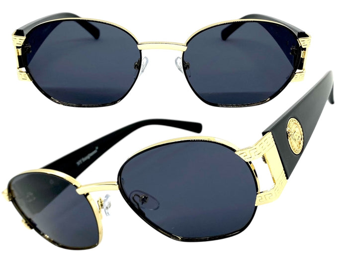 Classic Vintage Retro Hip Hop Style SUNGLASSES Oval Black & Gold Metal Frame 5527