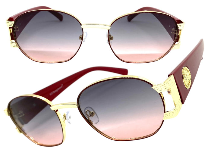Classic Vintage Retro Hip Hop Style SUNGLASSES Oval Burgundy & Gold Metal Frame 5527