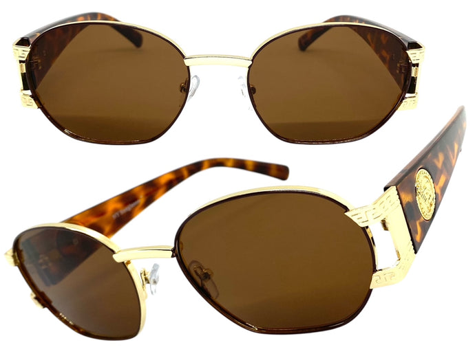 Classic Vintage Retro Hip Hop Style SUNGLASSES Oval Brown & Gold Metal Frame 5527