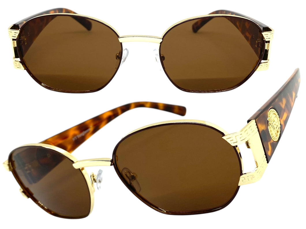 Classic Vintage Retro Hip Hop Style SUNGLASSES Oval Brown & Gold Metal Frame 5527