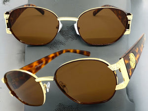 Classic Vintage Retro Hip Hop Style SUNGLASSES Oval Brown & Gold Metal Frame 5527