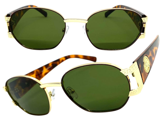 Classic Vintage Retro Hip Hop Style SUNGLASSES Oval Brown & Gold Metal Frame 5527