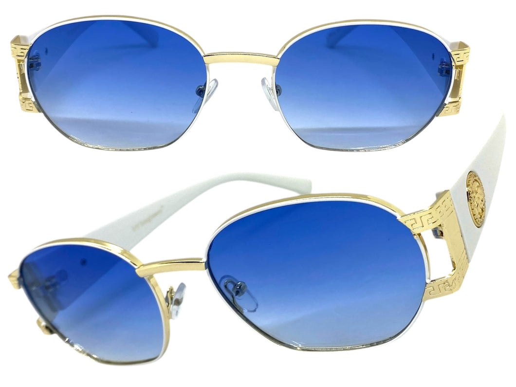 Classic Vintage Retro Hip Hop Style SUNGLASSES Oval White & Gold Metal Frame 5527